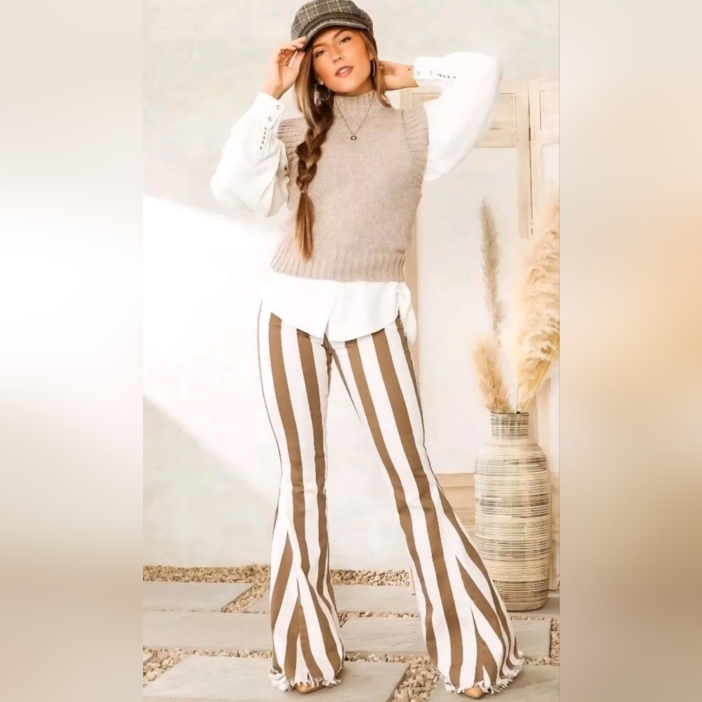 Saints And Hearts Striped Flare Pants in Brown and White - Size Medium